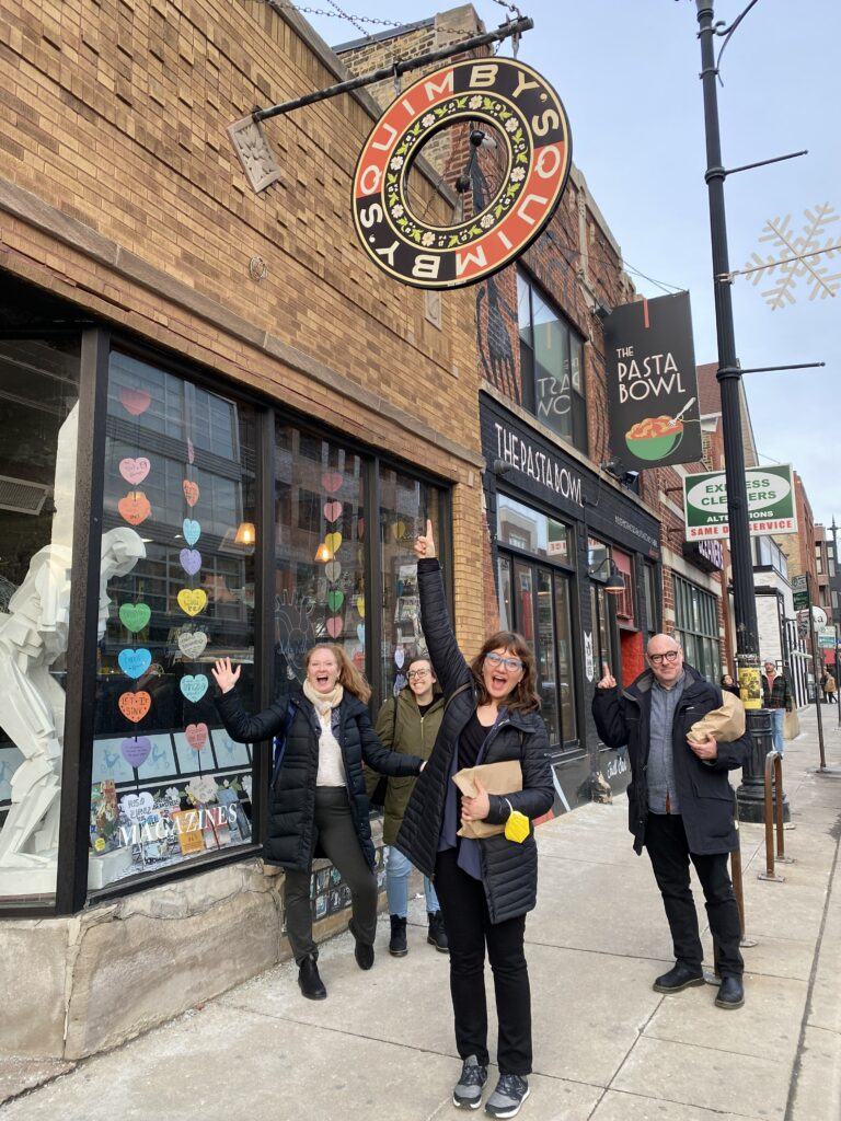 Workshop leaders Noel Ingram, Ashley Beardsley, Kristin Prins & Patrick Williams look very happy standing in front of Quimby's Bookstore