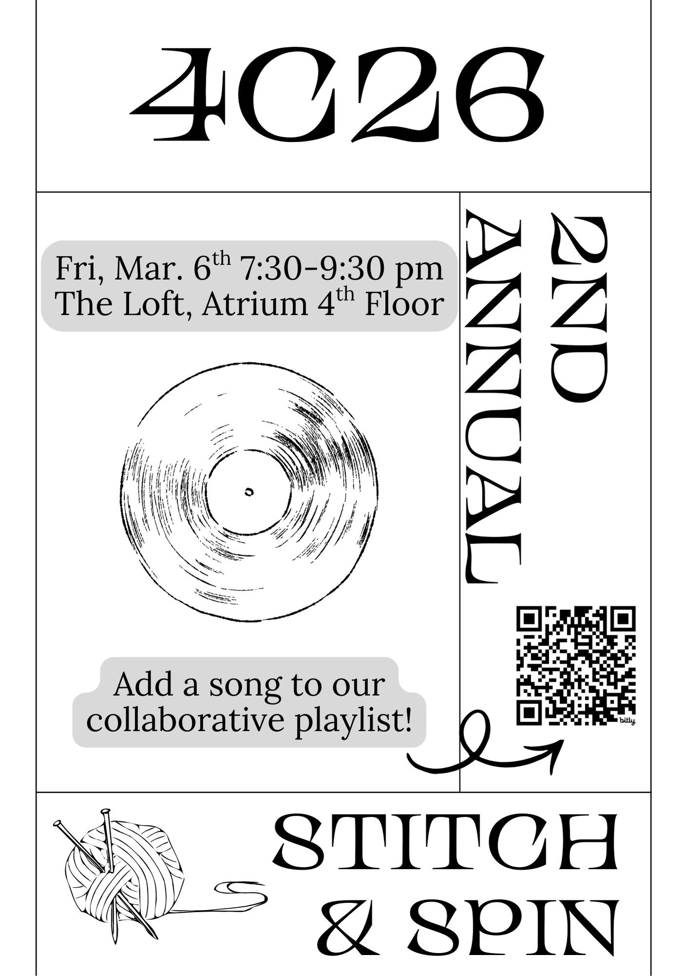 Event flyer including information from above and illustrations of a record and a ball of yarn with knitting needles